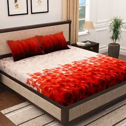 Story@home Red & Red Floral 300 TC Cotton 1 King Bedsheet with 2 Pillow Covers-image-41