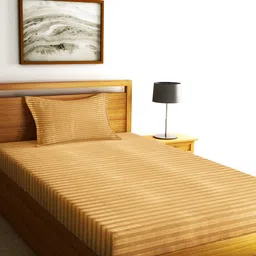 Home Sizzler Beige Striped 300 TC Single Satin Bedsheet with 2 Pillow Covers-picture-3