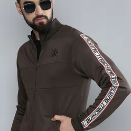 Flying Machine Men Black Applique Front-Open Sweatshirt With Side Logo Tape-picture-4