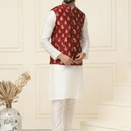 SOJANYA Men Off-White & Maroon Solid Kurta with Churidar & Nehru Jacket-10