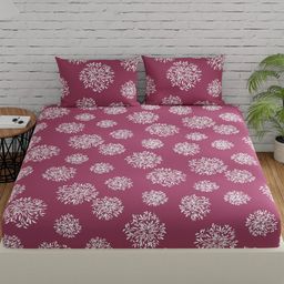 Huesland Mauve & White Floral Cotton Fitted 144 TC King Bedsheet with 2 Pillow Covers-11