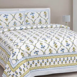 INDHOME LIFE Off White & Blue Ethnic Motifs 220 TC King Bedsheet with 2 Pillow Covers-picture-39