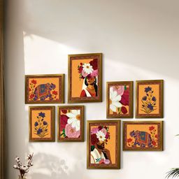 Art Street Orange & White 8pc Wooden Man and Woman with Elephant Floral Wall Paintings-50