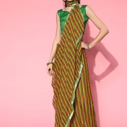 Mitera Olive Green & Pink Leheriya Zari Leheriya Saree-picture-4