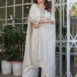 CaniBani Floral Yoke Design Round Neck Chanderi Silk Straight Kurta with Trouser & Dupatta-picture-25