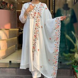 Growdamy Floral Yoke Design Keyhole Neck Thread Work Straight Kurta & Trouser With Dupatta-image-27