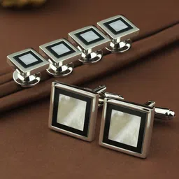 House of Pataudi Rhodium-Plated Pearls Studded Cufflinks & Shirt Studs-image-25
