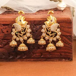Rubans 22K Gold-Plated Elephant Motif Chandbali Jhumkas with Emerald & Zirconia Studs-image-39
