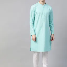 See Designs Men Sea Green Pure Cotton Chikankari Embroidered Straight Kurta-picture-25