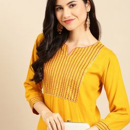 SHOWOFF Women Mustard Yellow Embroidered Yoke Design Straight Kurta-picture-24