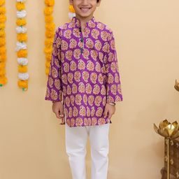 The Mom Store Boys Ethnic Motifs Printed Pure Cotton Straight Kurta With Pyjama-13