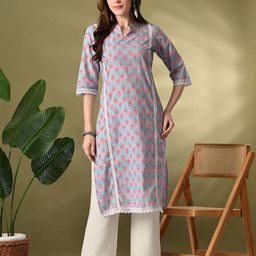 Lavantika Floral Printed Mandarin Collar Pure Cotton Straight Kurta-image-91