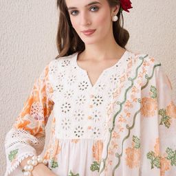 Indo Era Floral Printed Beads and Stones Pure Cotton Straight Kurta & Trousers & Dupatta-image-48