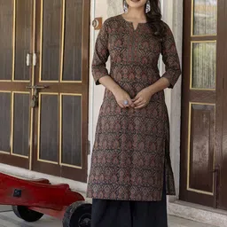 Nayo Women Multicoloured & bracken Ethnic Motifs Printed Keyhole Neck Chikankari Kurta-image-87