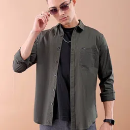 The Indian Garage Co Men Olive Green Solid Cotton Comfort Shirt-picture-19