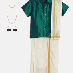 THANGAMAGAN Boys Green Solid Shirt with Dhoti Pants & Freebies Set-44