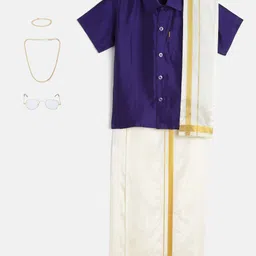 THANGAMAGAN Boys Violet & Cream-Coloured Solid Shirt with Dhoti Pants & Accessories Set-11
