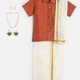 THANGAMAGAN Boys Coral & Cream-Coloured Solid Shirt with Dhoti Pants & Freebies Set-51