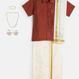 THANGAMAGAN Boys Rust & Cream-Coloured Solid Shirt with Dhoti Pants & Freebies Set-5