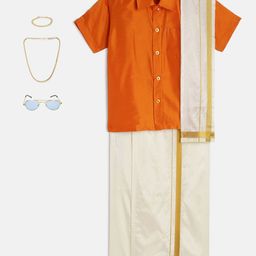 THANGAMAGAN Boys Orange & Cream-Coloured Solid Shirt with Dhoti Pants & Freebies Set-29