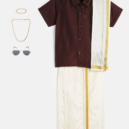 THANGAMAGAN Boys Maroon & Cream-Coloured Solid Shirt with Dhoti Pants & Freebies Set-2