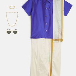 THANGAMAGAN Boys Blue & Cream-Coloured Solid Shirt with Dhoti Pants & Freebies Set-picture-18