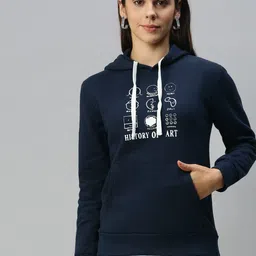 Campus Sutra Women Navy Blue Printed Hooded Sweatshirt-picture-0