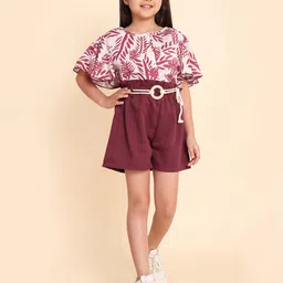 HERE&NOW Girls Maroon Tropical Printed Flared Sleeves Top & Shorts With Belt-image-34
