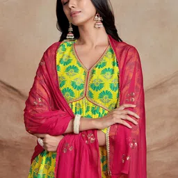 Sangria Floral Printed Lace Work A-Line Kurta & Trousers With Dupatta-image-83