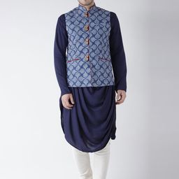 KISAH Men Navy Blue Solid Churidar Kurta with Nehru Jacket-33