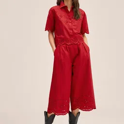 MANGO Women Red Pure Cotton Schiffli Embroidered Detail High-Rise Culottes-image-69