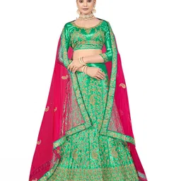 MANVAA Green & Pink Embroidered Thread Work Semi-Stitched Lehenga & Unstitched Blouse With Dupatta-1