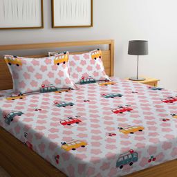 KLOTTHE White & Pink Cartoon Printed 300 TC King Fitted Bedsheet With 2 Pillow Covers-image-77