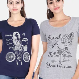 Fleximaa Women Navy Blue & Grey Pack Of 2 Printed Cotton T-shirt-image-70