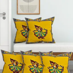 Lali Prints Green & Yellow Set of 5 Ethnic Motifs Square Cushion Covers-15