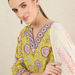 Indo Era Floral Printed Pure Cotton V-Neck A-Line Kurta With Trousers And Dupatta-17