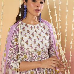 Indo Era Floral Printed Key Hole Neck Pure Cotton Kurta With Trousers & Dupatta-picture-42