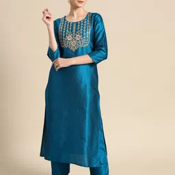 Varanga Women Blue & Golden Embroidered Jacquard Kurta with Trousers-picture-22