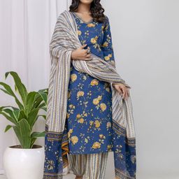Jaipur Love Floral Printed V-Neck Cotton Straight Kurta With Trousers & Dupatta-picture-11