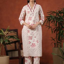 anayna Floral Printed V-Neck Pure Cotton Straight Kurta With Trousers-picture-33