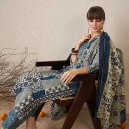 Indo Era Women Floral Printed Regular Pure Cotton Kurta with Trousers & With Dupatta-picture-39