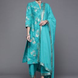Biba Women Blue Ethnic Motifs Printed Pure Cotton Kurta with Palazzos & With Dupatta-12
