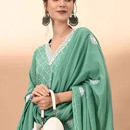 KALINI Floral Embroidered Thread Work Pure Cotton Kurta with Trousers & Dupatta-image-71