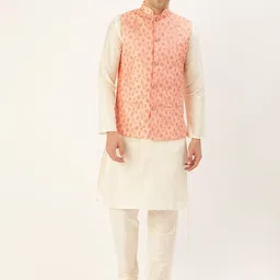 SOJANYA Men Off-White & Peach-Coloured Solid Kurta with Churidar & Nehru Jacket-3
