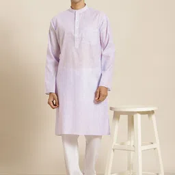 SOJANYA Men Purple & White Striped Cotton Straight Kurta with Churidar-image-61