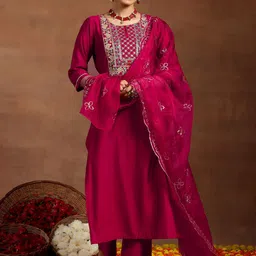 Gerua By Libas Women Floral Yoke Design Sequinned Kurta with Trousers & With Dupatta-picture-8