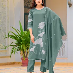 KALINI Women Floral Embroidered Chanderi Cotton Straight Kurta With Trouser & Dupatta-picture-24
