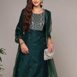 AHIKA Ethnic Motifs Yoke Design Regular Sequinned Kurta with Trousers & Dupatta-14
