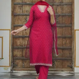 Libas Pink Embroidered Yoke Design V-Neck Mukaish Kurta with Trousers & Dupatta-picture-32