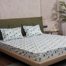 URBAN SPACE Indian Blooms Pure Cotton 200 TC King Fitted Bedsheet With 2 Pillow Covers-image-99